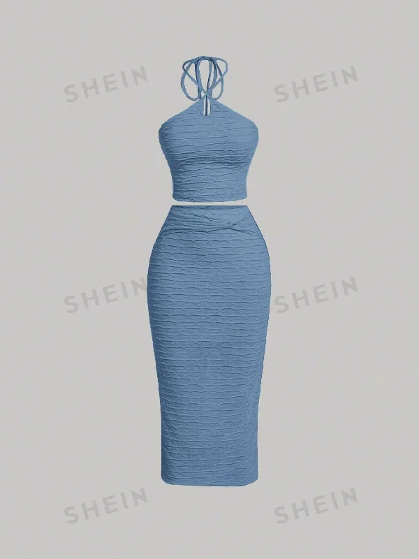 Plaid maxi dresses for fall fashion events Plaid maxi dresses for fall fashion events MOD Ladies' Solid Color Fashion Halter Top And Bodycon Maxi Skirt Two Piece Blue Set
