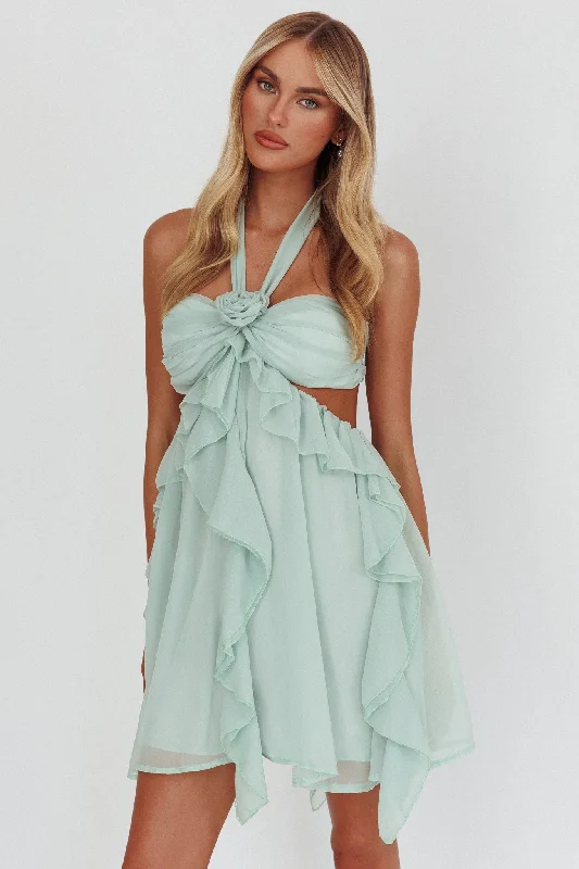 Strapless mini dresses for a beach vacation Santiago Cut-Out Ruffle Mini Dress Sage