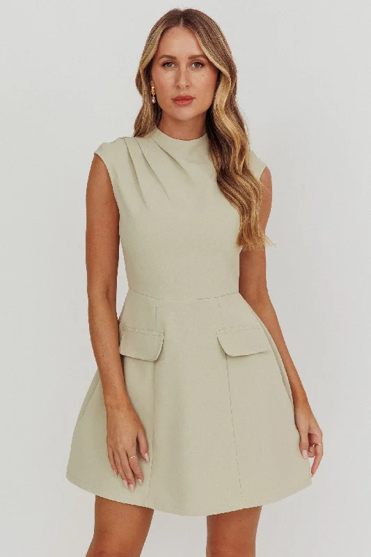 Metallic mini dresses for a glamorous event Thandi Pleat Shoulder Faux Pocket Mini Dress Sage Metallic mini dresses for a glamorous event Thandi Pleat Shoulder Faux Pocket Mini Dress Sage