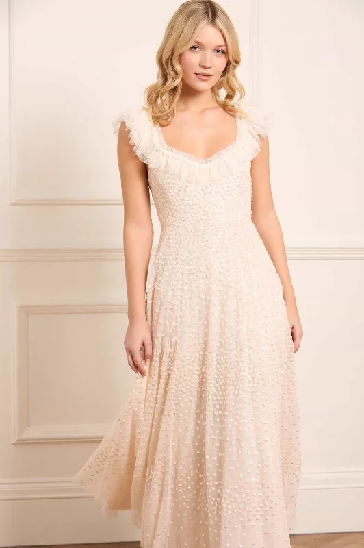 Midi dresses with patchwork patterns for a one - of - a - kind style Scatter Dot Ruffle Ankle Gown Midi dresses with patchwork patterns for a one - of - a - kind style Scatter Dot Ruffle Ankle Gown