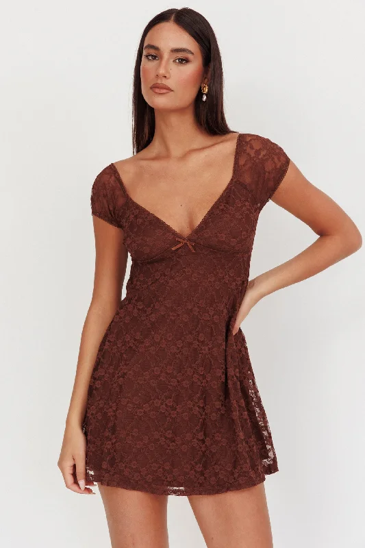 Sequined mini dresses for New Year's Eve Shadows Lace Overlay Mini Dress Brown