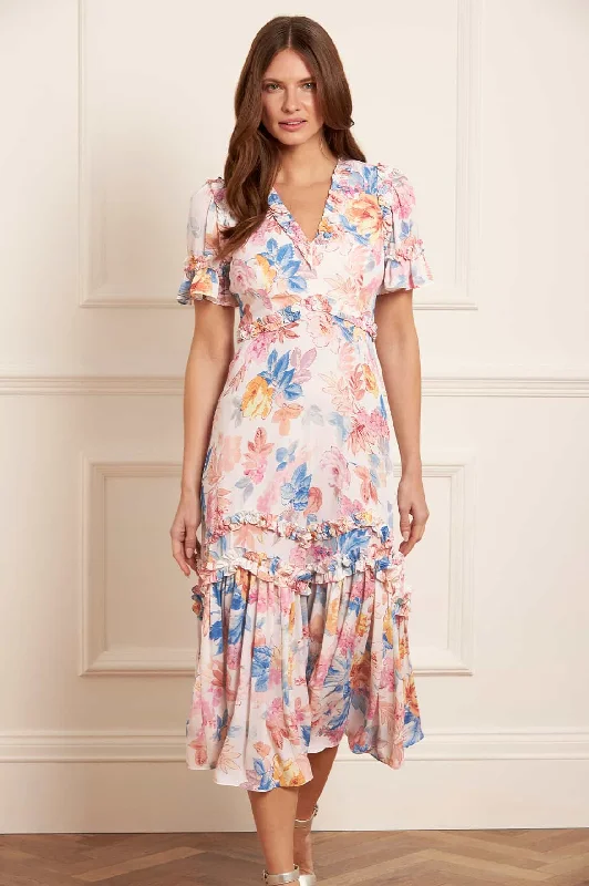 Midi dresses with satin - finish fabrics for a luxurious feel Mariannes Floral Satin V-Neck Ballerina Dress Midi dresses with satin - finish fabrics for a luxurious feel Mariannes Floral Satin V-Neck Ballerina Dress