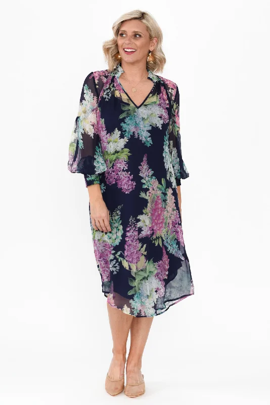 Midi dresses with gathered skirts for a full and flowing silhouette Lane Navy Wisteria Tie Dress Midi dresses with gathered skirts for a full and flowing silhouette Lane Navy Wisteria Tie Dress