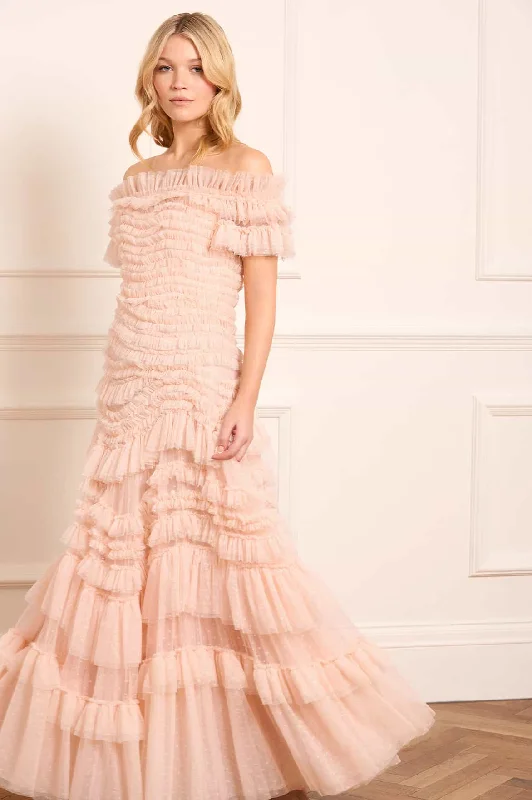 Midi dresses with geometric cutouts for a contemporary and edgy look Wild Rose Off-Shoulder Gown Midi dresses with geometric cutouts for a contemporary and edgy look Wild Rose Off-Shoulder Gown