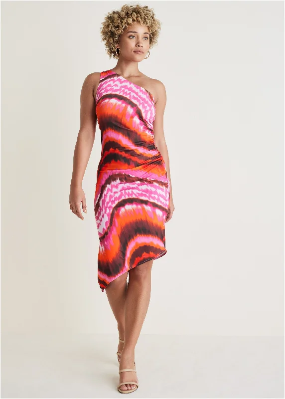 Plaid midi dresses for a fall - themed family gathering One Shoulder Dress - Desert Agate Plaid midi dresses for a fall - themed family gathering One Shoulder Dress - Desert Agate