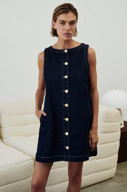 Mini dresses with polka dot patterns SHERI INDIGO DENIM MINI DRESS