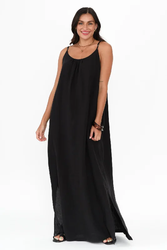 Midi dresses with gathered skirts for a full and flowing silhouette Kylah Black Linen Maxi Dress Midi dresses with gathered skirts for a full and flowing silhouette Kylah Black Linen Maxi Dress