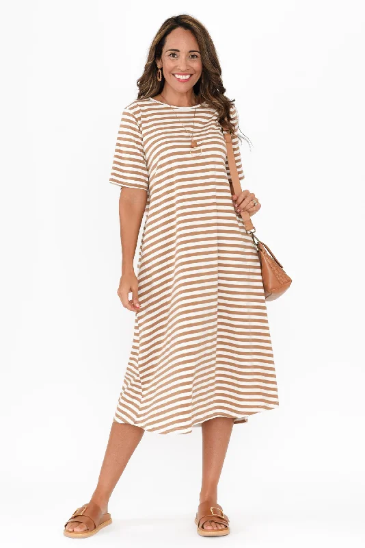 Midi dresses with ruffled sleeves for a more feminine and voluminous look Bronte Natural Stripe Cotton Tee Dress Midi dresses with ruffled sleeves for a more feminine and voluminous look Bronte Natural Stripe Cotton Tee Dress