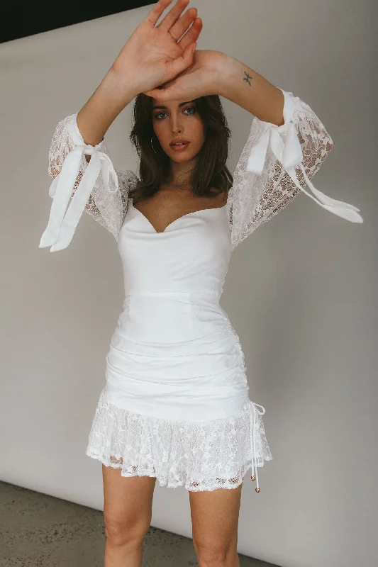 Mini dresses with pom - pom trims for a playful feel With Love Long Sleeve Lace Mini Dress White Mini dresses with pom - pom trims for a playful feel With Love Long Sleeve Lace Mini Dress White