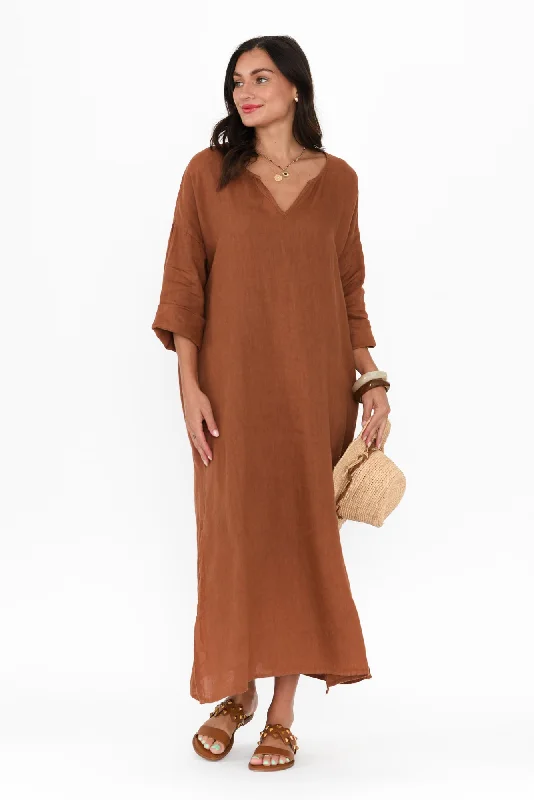 Midi dresses with keyhole backs for a flirty and unexpected detail Yvonne Rust Linen V Neck Dress Midi dresses with keyhole backs for a flirty and unexpected detail Yvonne Rust Linen V Neck Dress