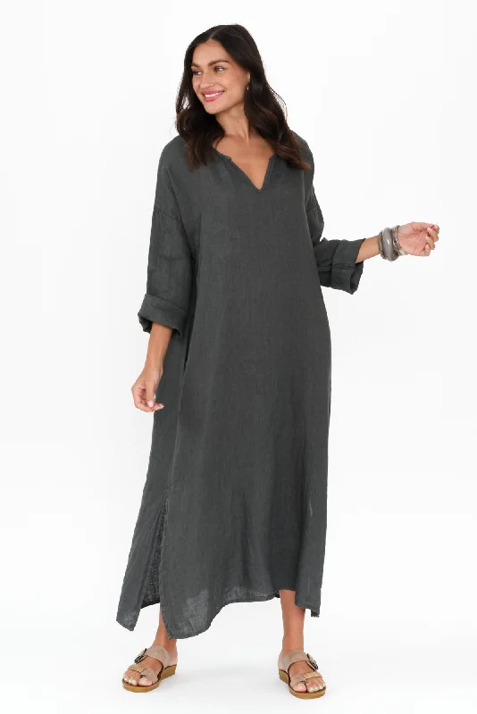 Midi dresses with ribbed textures for a unique and tactile appearance Yvonne Charcoal Linen V Neck Dress Midi dresses with ribbed textures for a unique and tactile appearance Yvonne Charcoal Linen V Neck Dress