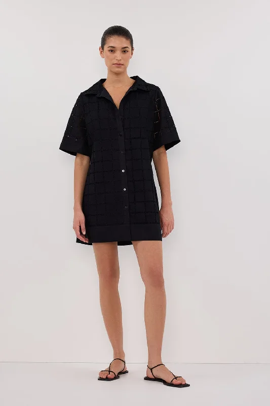 Polyester mini dresses for easy care OWEN BLACK SLEEVED BRODERIE MINI DRESS
