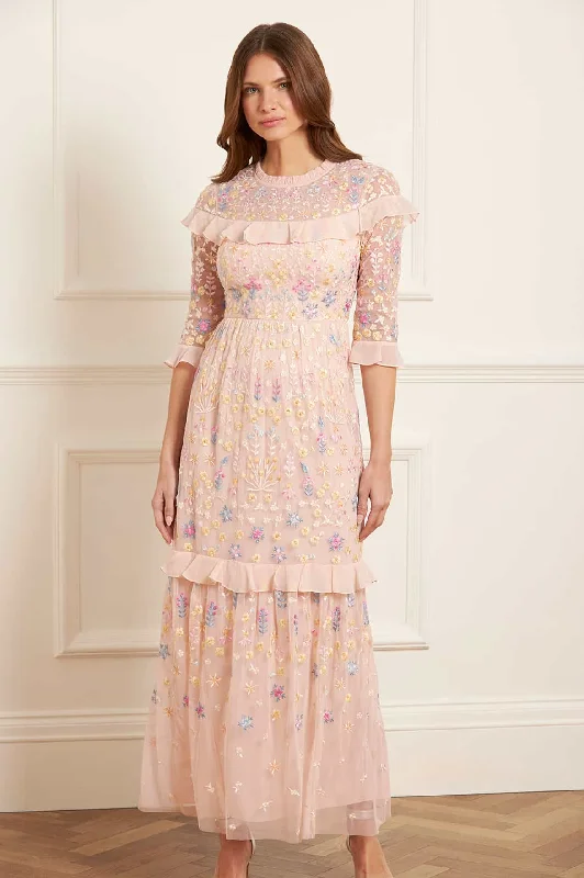 Midi dresses with mesh inserts for a trendy and breathable option Flowerbed Embroidery Ankle Gown Midi dresses with mesh inserts for a trendy and breathable option Flowerbed Embroidery Ankle Gown