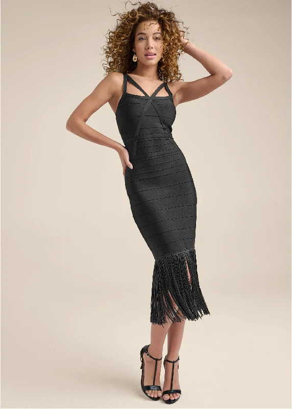Midi dresses with asymmetric hems for a fashion - forward and dynamic appearance Fringe Bandage Dress - Black Midi dresses with asymmetric hems for a fashion - forward and dynamic appearance Fringe Bandage Dress - Black