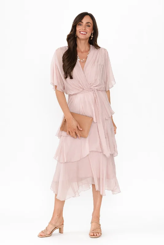 Midi dresses with tiered skirts for a bohemian festival look Natalie Blush Silk Layer Dress Midi dresses with tiered skirts for a bohemian festival look Natalie Blush Silk Layer Dress