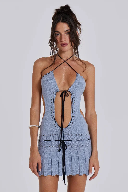 Plaid mini dresses for fall fashion Sienna Knitted Studded Tie Mini Dress