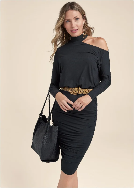 Plaid midi dresses for a fall - themed family gathering Ruched Midi Dress  - Black