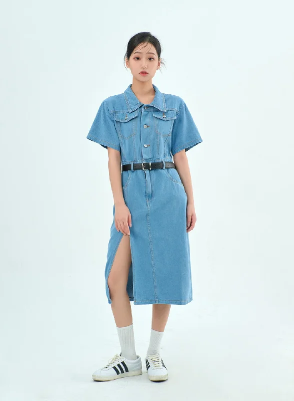 Midi dresses with metallic threads for a glamorous evening event Denim Midi Dress With Belt BY308 Midi dresses with metallic threads for a glamorous evening event Denim Midi Dress With Belt BY308