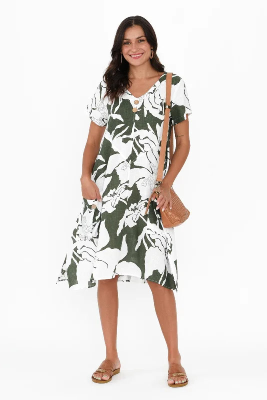 Midi dresses with lace - up fronts for a unique and adjustable style Bryant Green Floral Linen Cotton Dress Midi dresses with lace - up fronts for a unique and adjustable style Bryant Green Floral Linen Cotton Dress