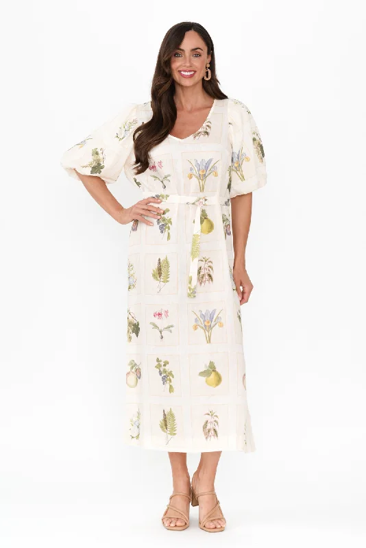 Midi dresses with ruffled bodices for a more pronounced feminine look Bailee White Botanical Linen Dress Midi dresses with ruffled bodices for a more pronounced feminine look Bailee White Botanical Linen Dress