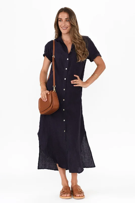 Midi dresses with pom - pom trims for a playful and festive look Aries Navy Linen Shirt Dress Midi dresses with pom - pom trims for a playful and festive look Aries Navy Linen Shirt Dress