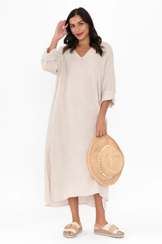 Midi dresses with belted waists to accentuate the figure Yvonne Natural Linen V Neck Dress Midi dresses with belted waists to accentuate the figure Yvonne Natural Linen V Neck Dress