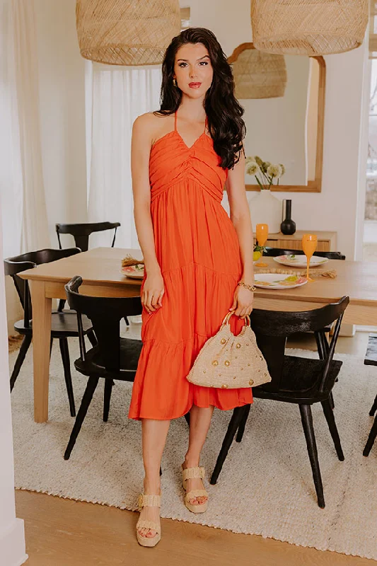 Midi dresses with fringe details for a fun and energetic style Coastal Views Halter Midi Dress in Tangerine Midi dresses with fringe details for a fun and energetic style Coastal Views Halter Midi Dress in Tangerine