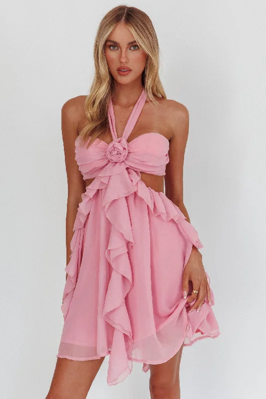 Mini dresses with tassel accents for a fun touch Santiago Cut-Out Ruffle Mini Dress Blush Mini dresses with tassel accents for a fun touch Santiago Cut-Out Ruffle Mini Dress Blush
