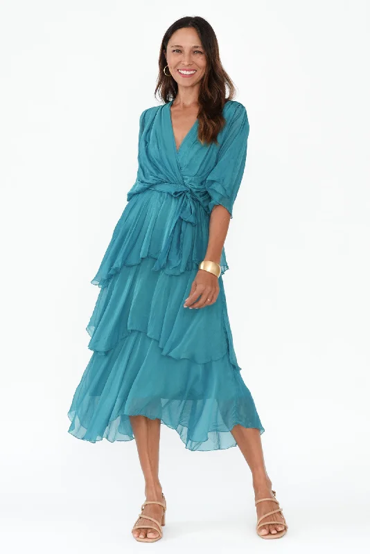 High - low midi dresses with geometric patterns for a modern party Natalie Teal Silk Layer Dress High - low midi dresses with geometric patterns for a modern party Natalie Teal Silk Layer Dress