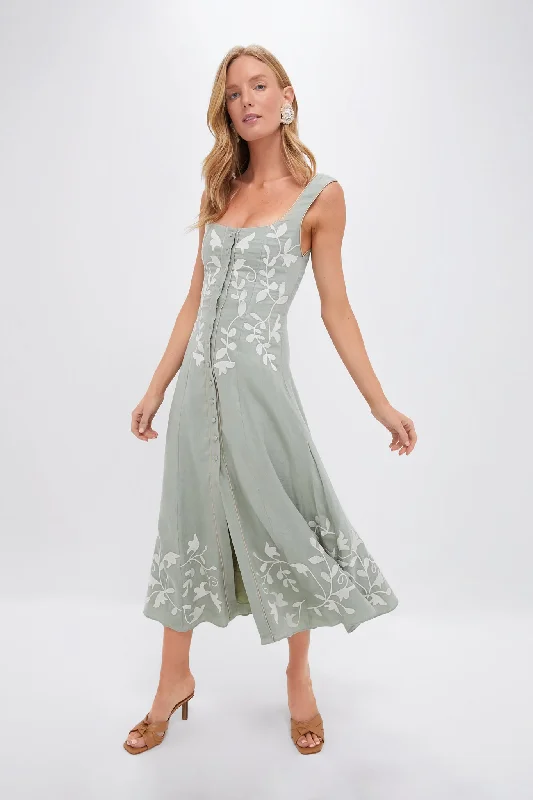 A - line midi dresses with floral prints for spring brunches Embroidered Green Mila Dress A - line midi dresses with floral prints for spring brunches Embroidered Green Mila Dress