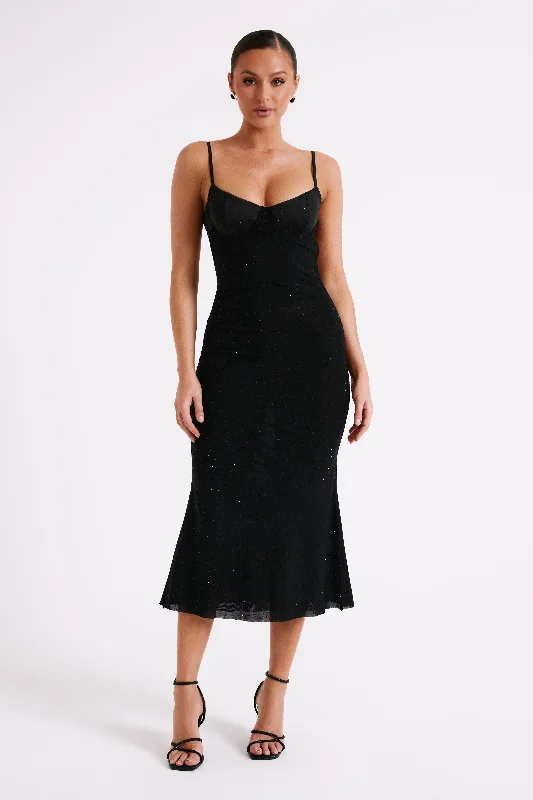 Midi dresses with patchwork patterns for a one - of - a - kind style Novah Hot Fix Mesh Midi Dress - Black Midi dresses with patchwork patterns for a one - of - a - kind style Novah Hot Fix Mesh Midi Dress - Black
