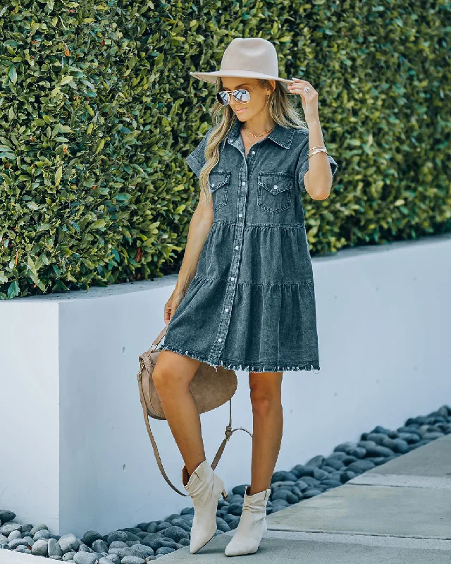 Mini dresses with cold - shoulder designs Madden Button Down Denim Shirt Dress