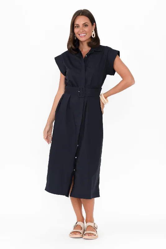 Midi dresses with sheer panels for a touch of allure Gail Navy Cotton Belted Dress