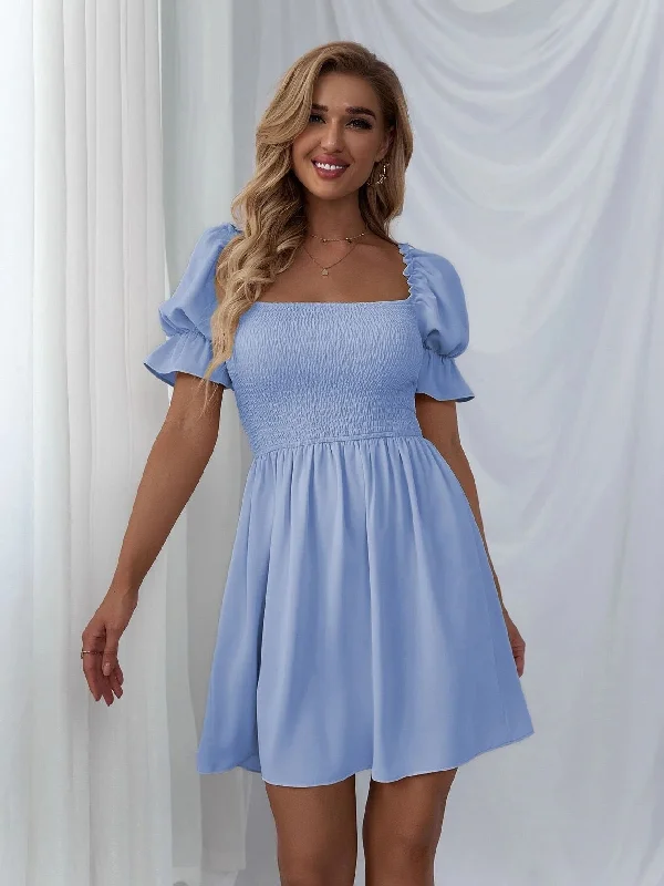 Floral print mini dresses for summer parties Leroy Linen Blend Puff Sleeve Babydoll Dress - Aqua Floral print mini dresses for summer parties Leroy Linen Blend Puff Sleeve Babydoll Dress - Aqua