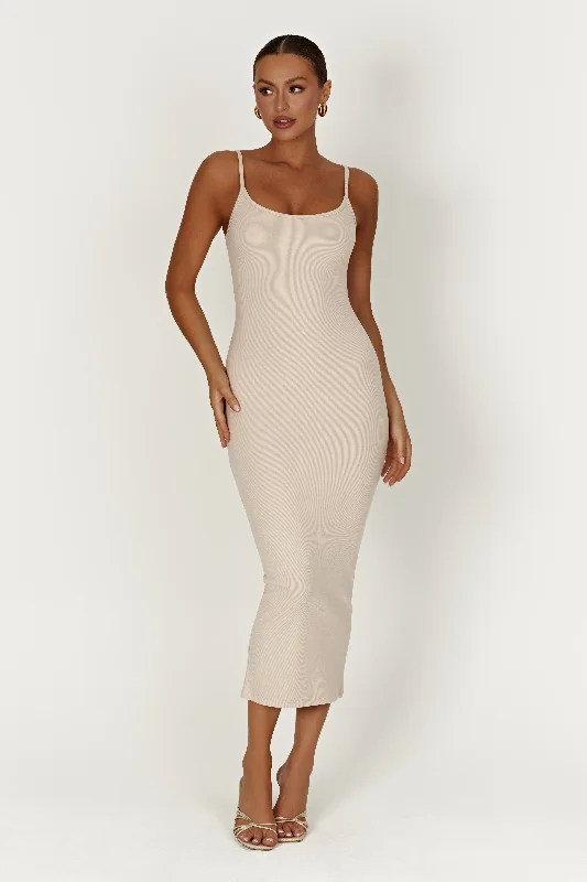 Midi dresses with V - necklines for a flattering and elongating effect Alexis Ribbed Cami Midi Dress - Cream Midi dresses with V - necklines for a flattering and elongating effect Alexis Ribbed Cami Midi Dress - Cream