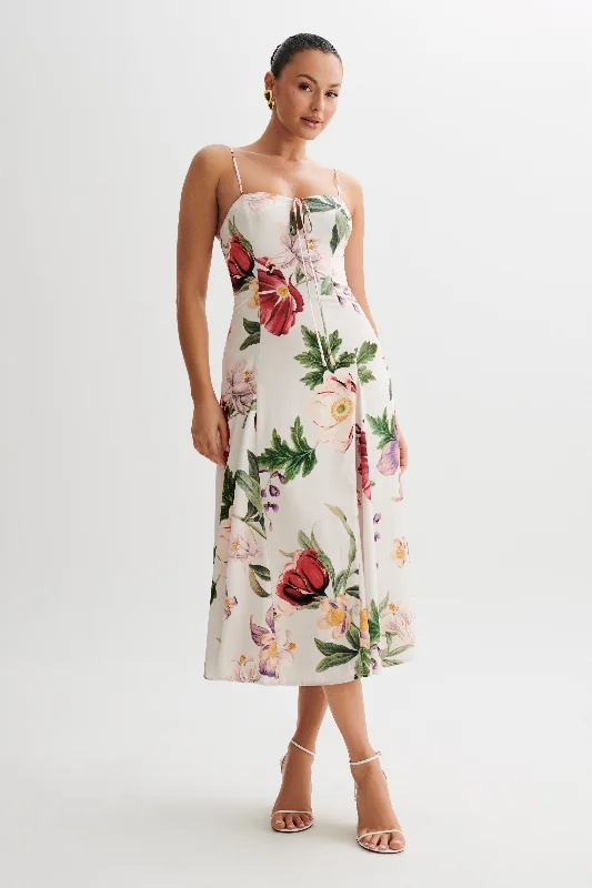 Midi dresses with button - down skirts for a unique and functional design Luciana Satin Midi Dress - Bella Rosa Print Midi dresses with button - down skirts for a unique and functional design Luciana Satin Midi Dress - Bella Rosa Print
