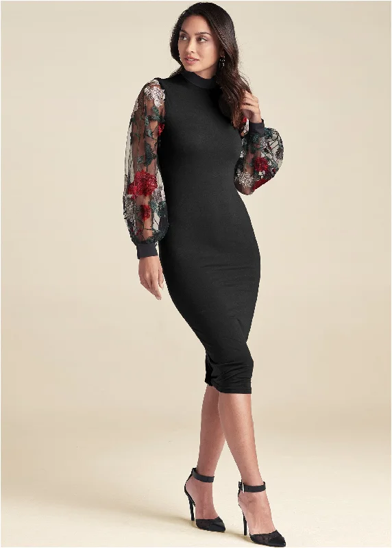 Midi dresses with V - necklines for a flattering and elongating effect Embroidered Floral Puff Sleeve Dress - Black Multi Midi dresses with V - necklines for a flattering and elongating effect Embroidered Floral Puff Sleeve Dress - Black Multi