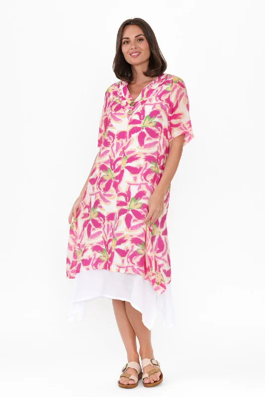 Maxi - inspired midi dresses with flowing fabrics for a beachy vibe Nala Fuchsia Floral Layers Dress Maxi - inspired midi dresses with flowing fabrics for a beachy vibe Nala Fuchsia Floral Layers Dress