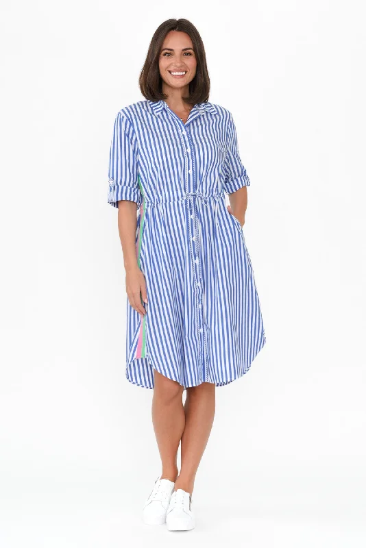 Midi dresses with ruffled hems for a romantic date night Kinsley Blue Stripe Cotton Dress