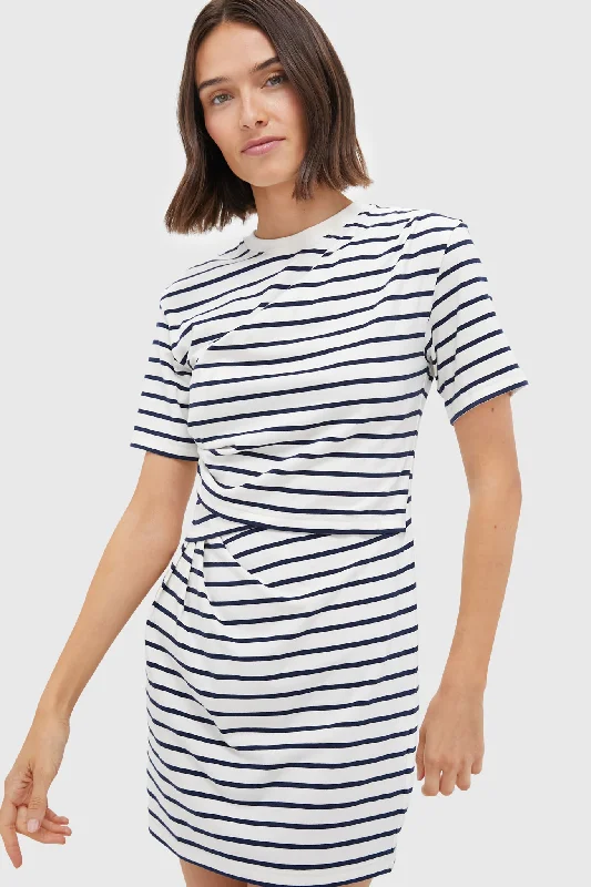 Midi dresses with belted waists to accentuate the figure Midnight Stripe Zeus Short Sleeve Draped T-Shirt Dress Midi dresses with belted waists to accentuate the figure Midnight Stripe Zeus Short Sleeve Draped T-Shirt Dress
