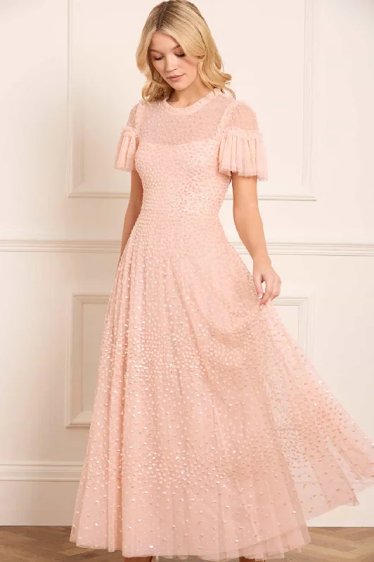 Midi dresses with ruffled bodices for a more pronounced feminine look Scatter Dot Round Neck Short Sleeve Ankle Gown Midi dresses with ruffled bodices for a more pronounced feminine look Scatter Dot Round Neck Short Sleeve Ankle Gown