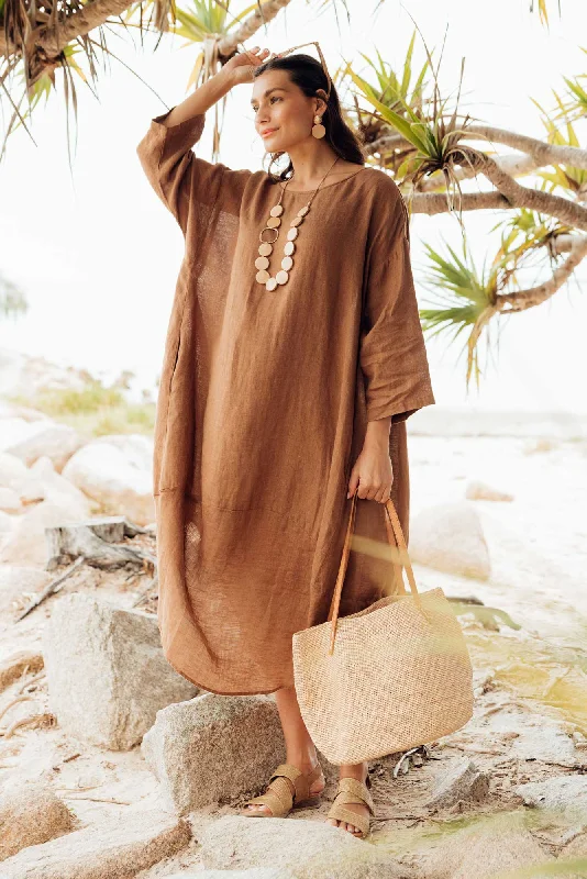 Midi dresses with cotton - blend materials for everyday comfort Kana Mocha Linen Dress Midi dresses with cotton - blend materials for everyday comfort Kana Mocha Linen Dress