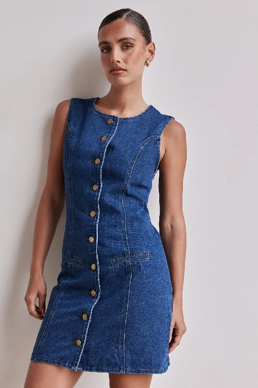 Mini dresses with V - necklines for a flattering shape Vivian Denim Mini Dress (Blue) Mini dresses with V - necklines for a flattering shape Vivian Denim Mini Dress (Blue)