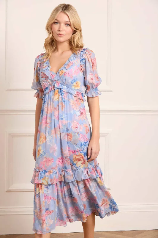 Midi dresses with one - shoulder designs for a modern and asymmetric style Mariannes Floral Chiffon Short Sleeve Ballerina Dress Midi dresses with one - shoulder designs for a modern and asymmetric style Mariannes Floral Chiffon Short Sleeve Ballerina Dress