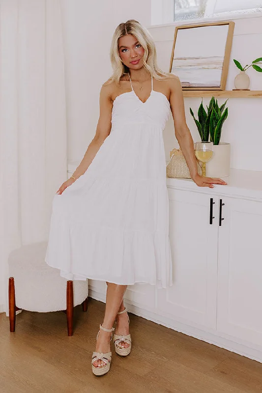 Midi dresses with ruffled hems for a romantic date night Coastal Views Halter Midi Dress in White Midi dresses with ruffled hems for a romantic date night Coastal Views Halter Midi Dress in White