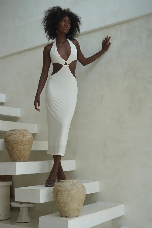 Midi dresses with V - necklines for a flattering and elongating effect Natalie Halter Neck Cut Out Midi Dress - Bone Midi dresses with V - necklines for a flattering and elongating effect Natalie Halter Neck Cut Out Midi Dress - Bone