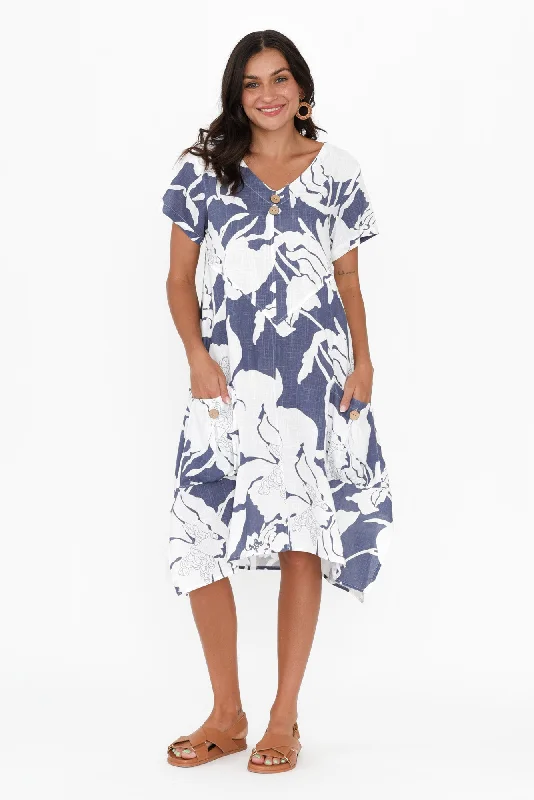 A - line midi dresses with floral prints for spring brunches Bryant Blue Floral Linen Cotton Dress A - line midi dresses with floral prints for spring brunches Bryant Blue Floral Linen Cotton Dress