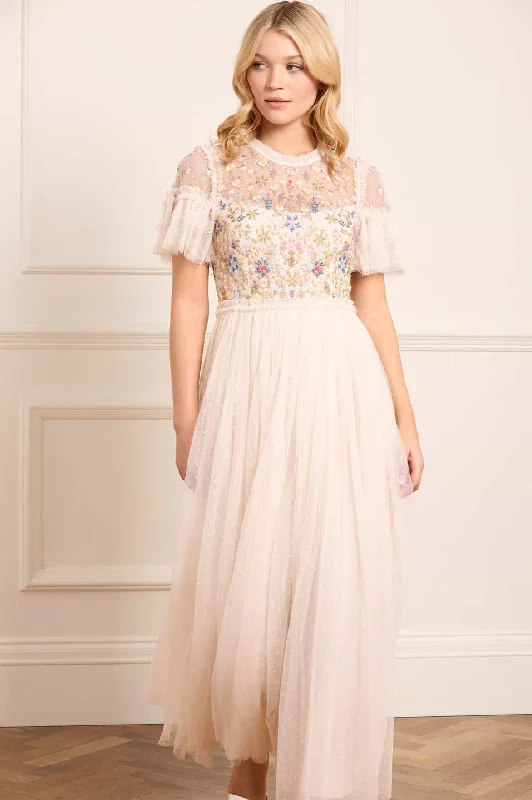 Midi dresses with ruched sleeves for a more fitted and stylish arm look Flowerbed Embroidery Bodice Round Neck Ankle Gown Midi dresses with ruched sleeves for a more fitted and stylish arm look Flowerbed Embroidery Bodice Round Neck Ankle Gown