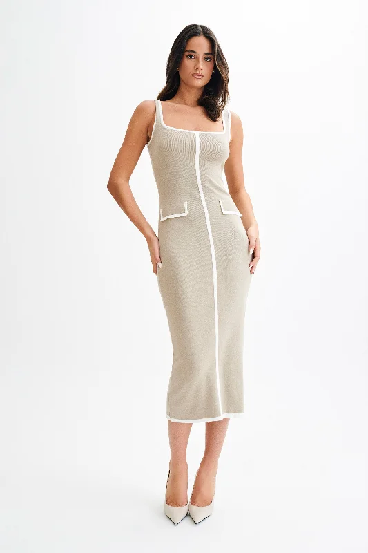 Midi dresses with ruched bodices for a feminine and fitted feel Eimear Contrast Knit Midi Dress - Taupe & Ivory Midi dresses with ruched bodices for a feminine and fitted feel Eimear Contrast Knit Midi Dress - Taupe & Ivory
