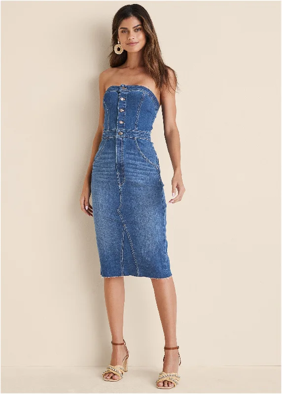 Maxi - inspired midi dresses with flowing fabrics for a beachy vibe Denim Strapless Dress - Medium Wash Maxi - inspired midi dresses with flowing fabrics for a beachy vibe Denim Strapless Dress - Medium Wash